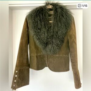 Vintage Olive Suede jacket w/ Mongolian Sheep wool, button cuff, toggle close, S